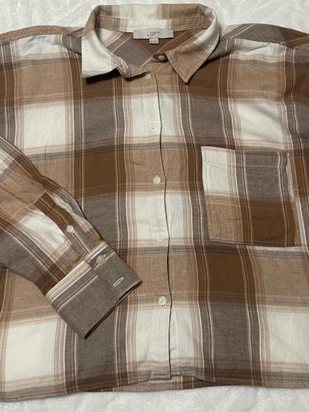 LOFT Brown and Cream Plaid Button-Down Shirt